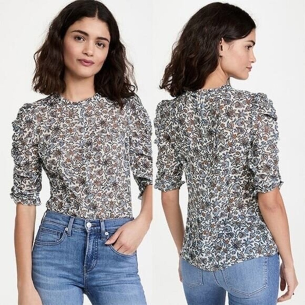 Veronica Beard Natuka Silk Boho Floral Ruched Sleeve Blouse Size 0